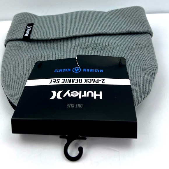 HURLEY 2 PACK BEANIE SET, GREY & BLACK, ONE SIZE FITS ALL, MAX WARMTH UNISEX - Picture 9 of 12